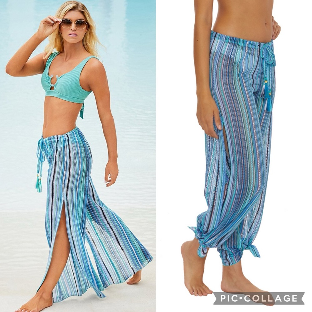 NWT! Rebecca Virtue Seaside Stripe Crochet Knit Tassel Wide Leg Split Side Pants